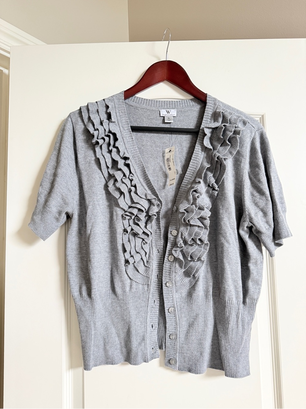 Worthington  Light Gray Ruffle-Front Short-Sleeve Cardigan